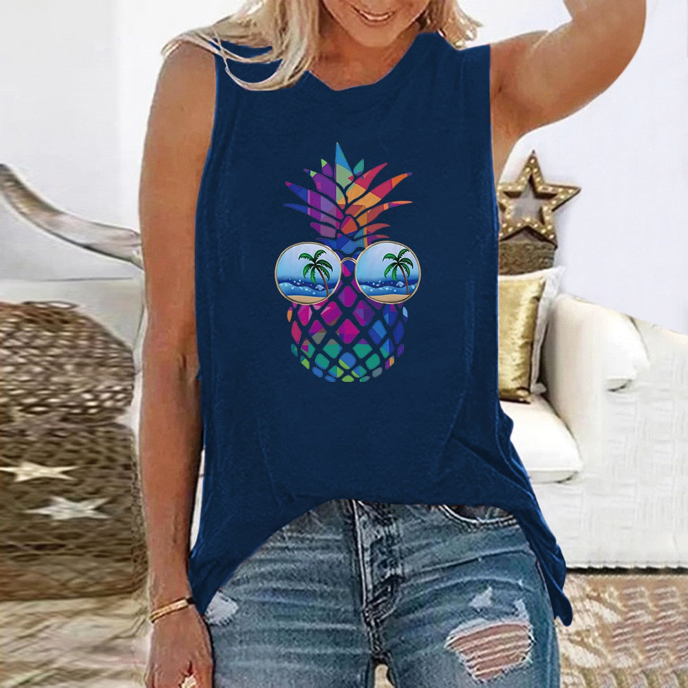 Funny Pineapple Print Sleeveless Casual Loose Tshirt