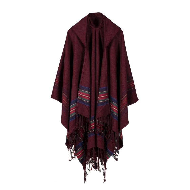Fashionable Cashmere Jacquard Hooded Cloak Poncho Cape