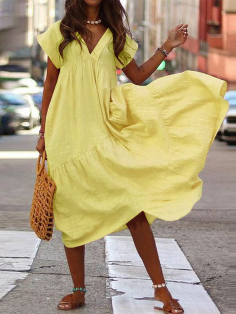Fashion V Neck Mid Asymmetrical Robe Sundress