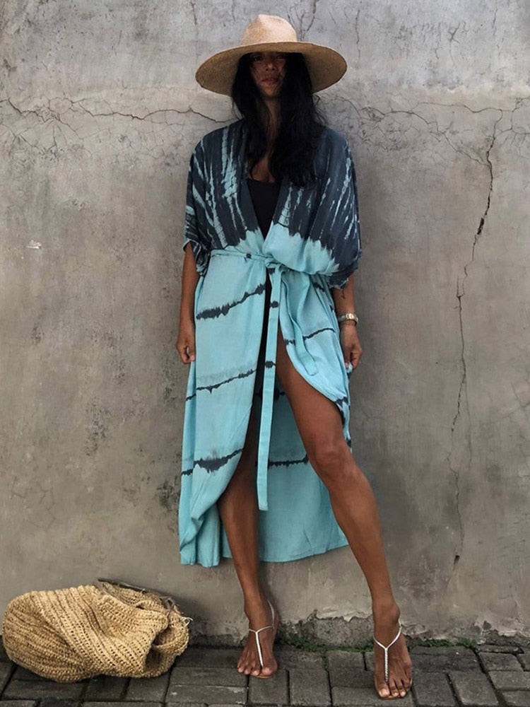 Boho Stripes Tie Dye Bikini Cover-ups Beach Kimono Dress