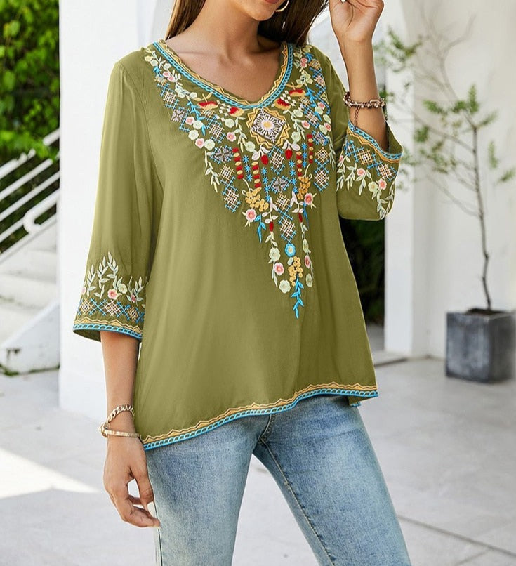 Boho Floral Chic Embroidered Hippie Shirt Blouse
