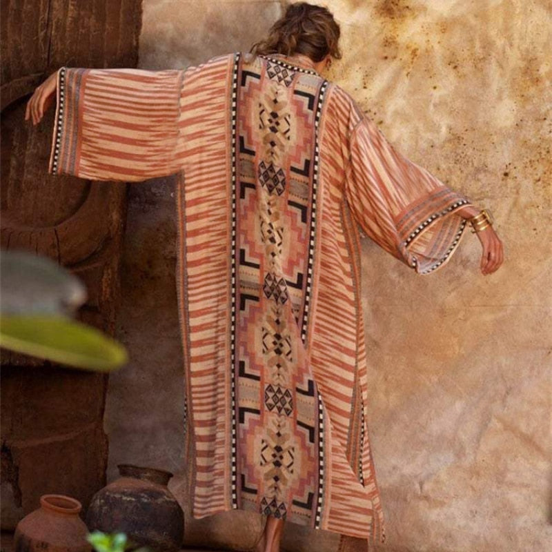 Boho Beach Beige Ethnic Print Kimono Cardigan