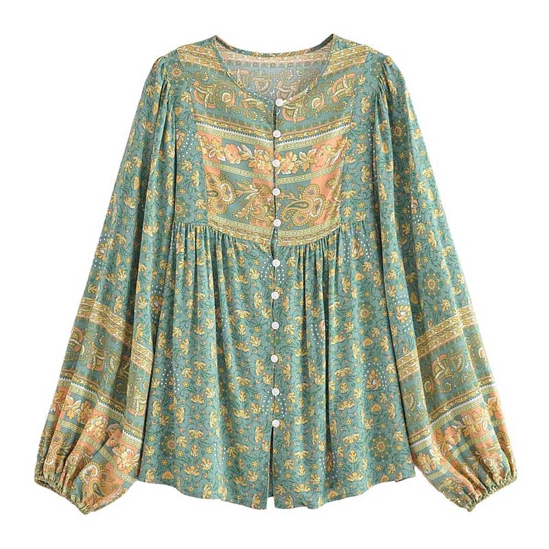 Women Green Long Sleeve Bohemian Blouse