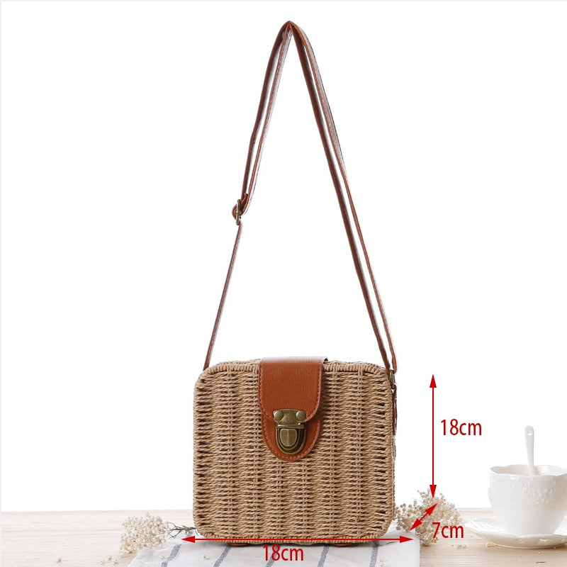 Handmade Rattan Straw Half Moon Round Handbag