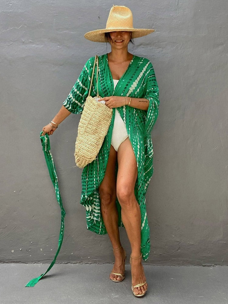 Boho Stripes Tie Dye Bikini Cover-ups Beach Kimono Dress