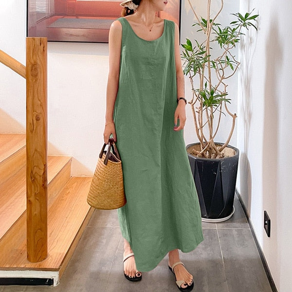 Elegant Solid Puff Sleeve Cotton Linen Dress