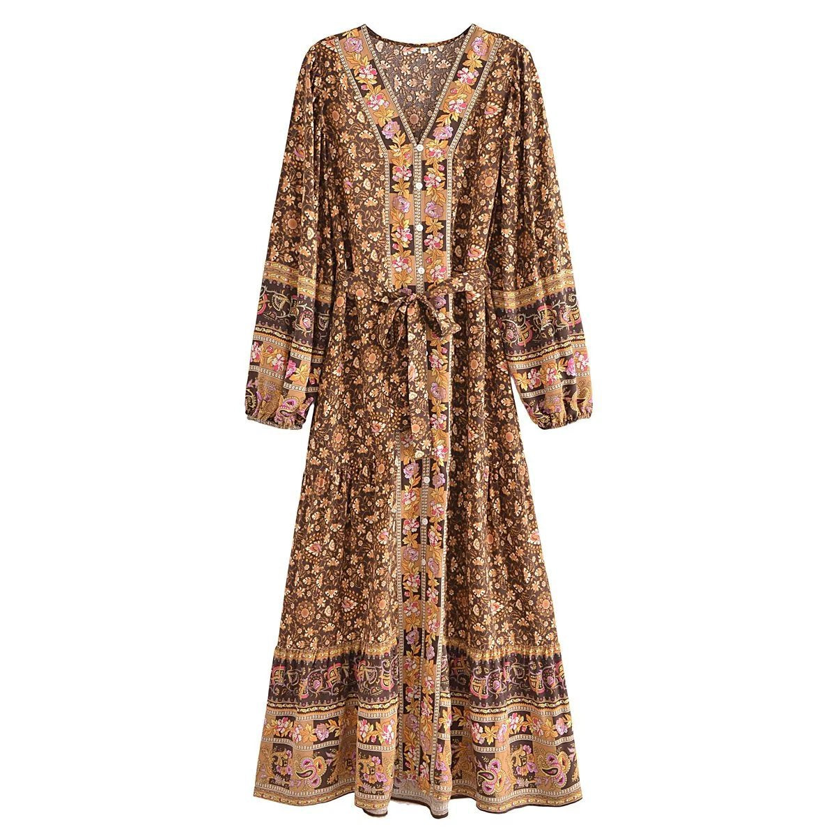 Green Boho Inspired Floral V-Neck Long Sleeve Maxi Dress