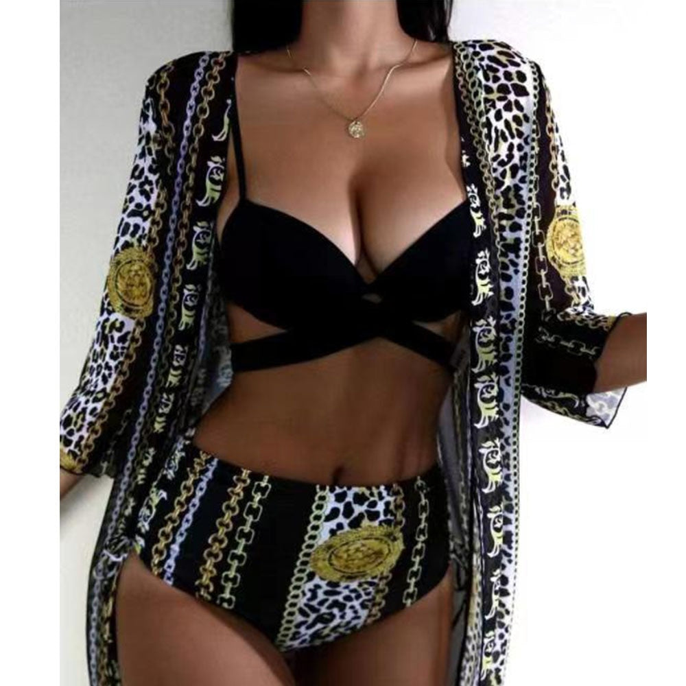 Women Printed High Waist Sexy Bikini And Cover Set - Large