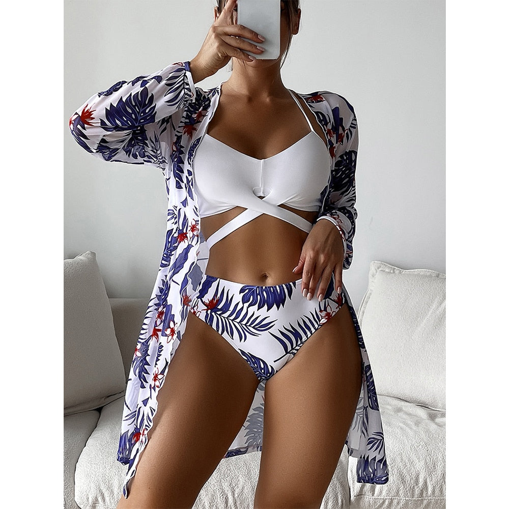 Women Printed High Waist Sexy Bikini And Cover Set - Small
