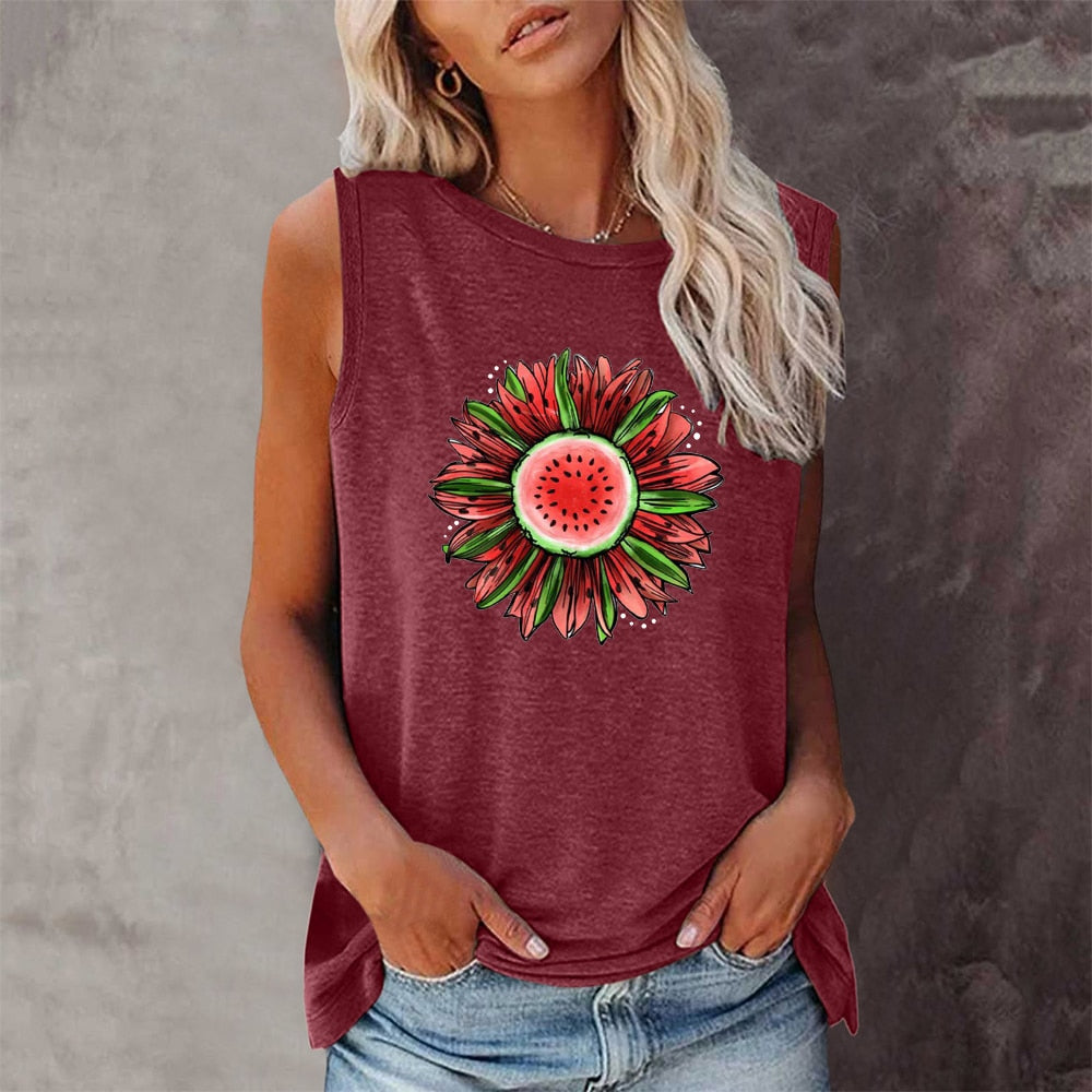 Funny Watermelon Sunflower Print Sleeveless Tshirt
