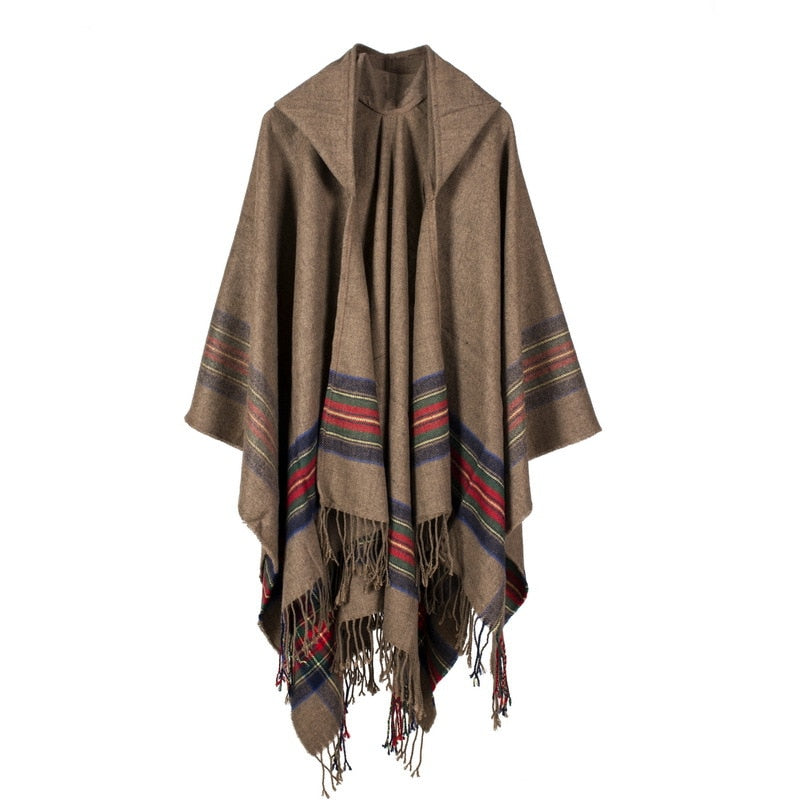 Fashionable Cashmere Jacquard Hooded Cloak Poncho Cape