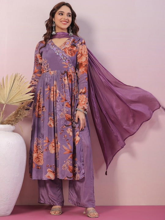 Scakhi Floral Printed Angrakha Sequinned Silk Crepe Kurta with Trousers & With Dupatta