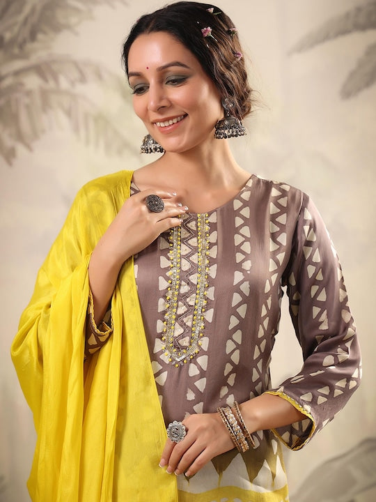 Scakhi Geometric Printed Beads and Stones Pure Silk Kurta with Sharara & With Dupatta