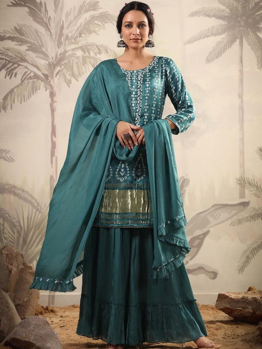 Scakhi Ethnic Motifs Printed Beads and Stones Pure Silk Kurti with Sharara & With Dupatta