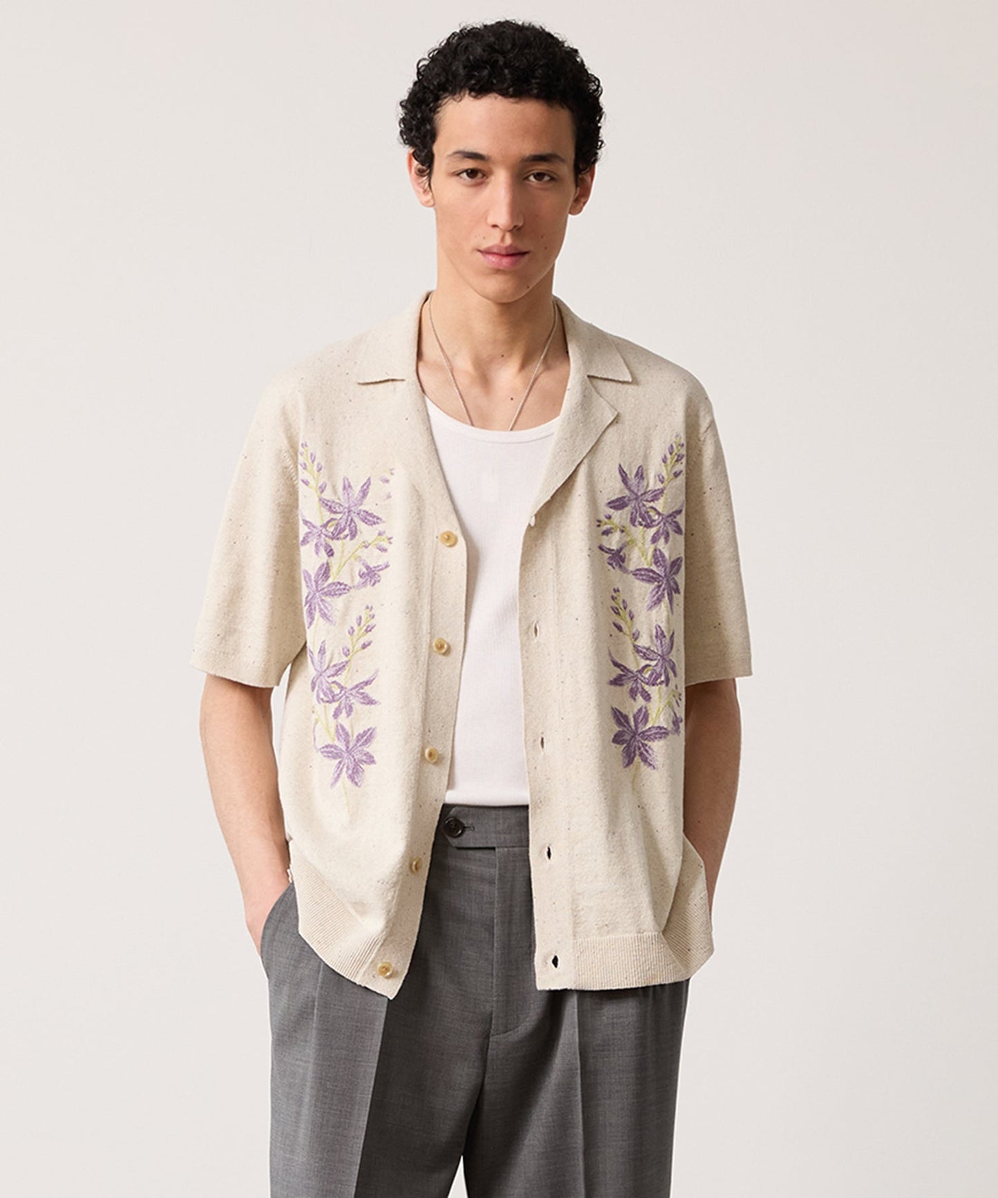 Floral Full-Placket Polo in Dusty Lavender