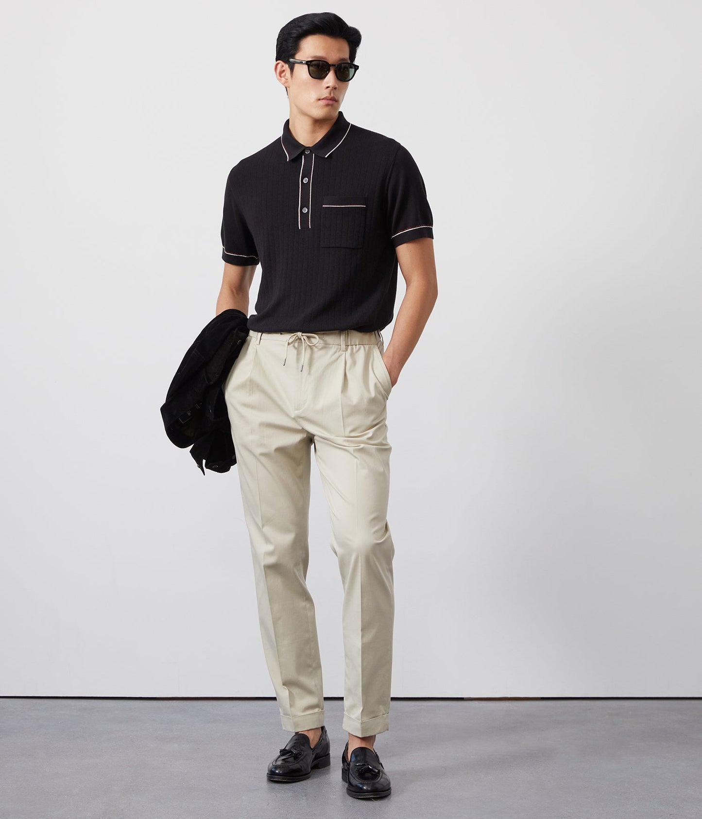 Italian Cotton Silk Tipped Riviera Sweater Polo in Black
