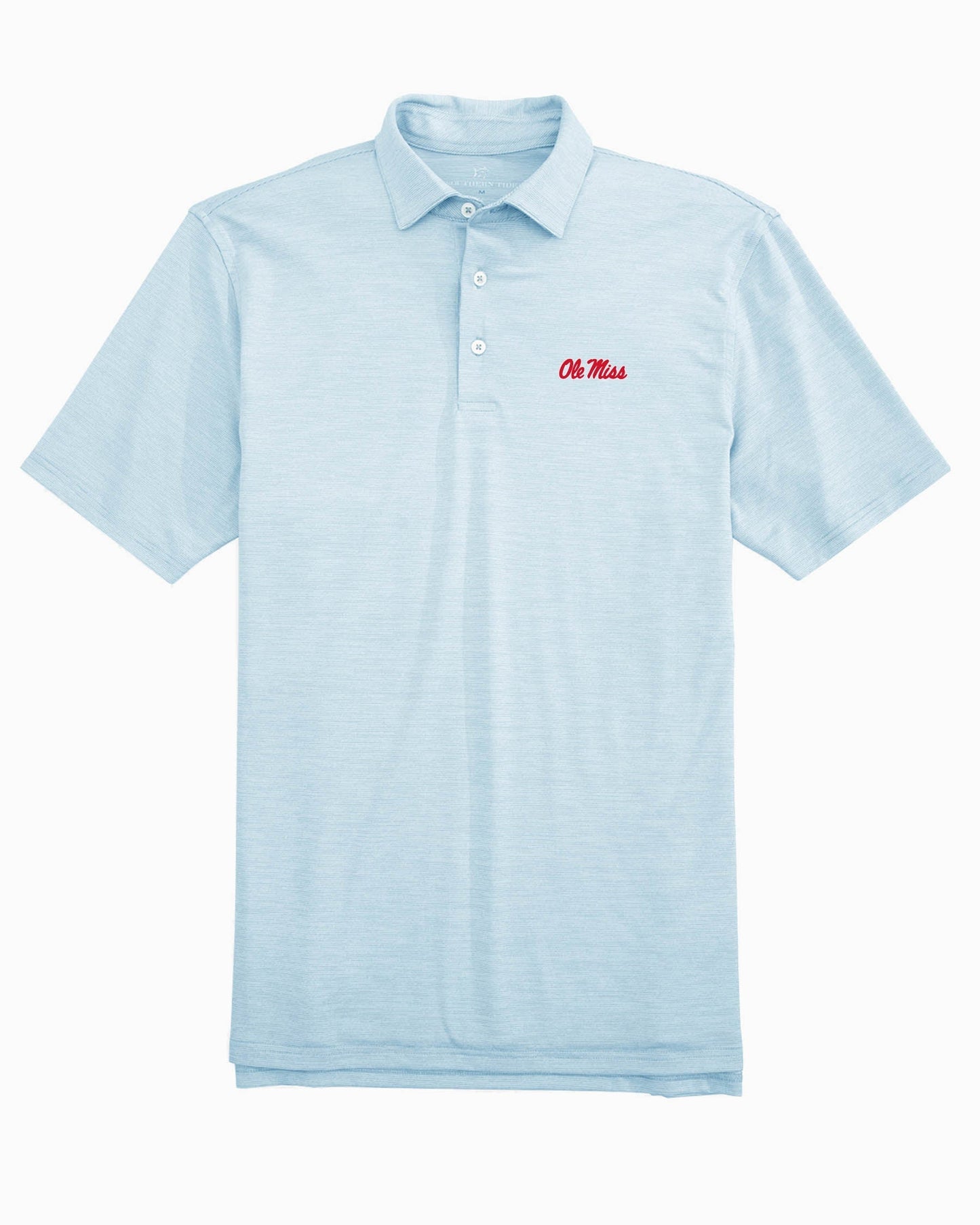 The front of the Ole Miss Driver Spacedye Polo Shirt by Southern Tide - Rush Blue