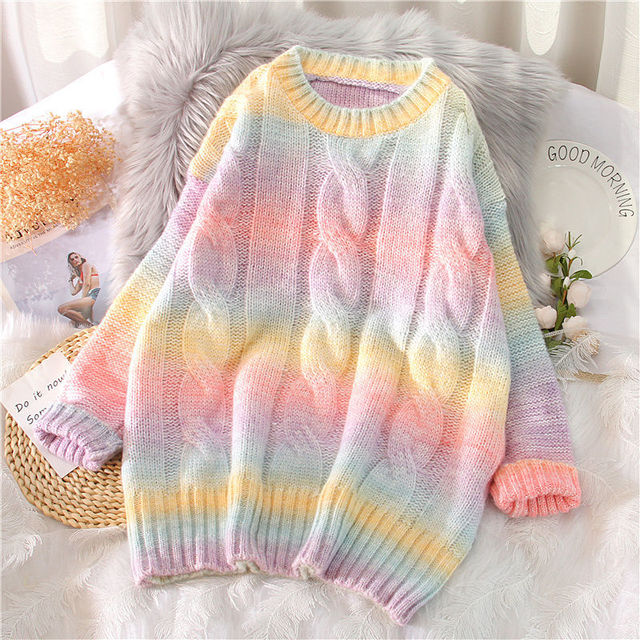 Rainbow Tie Dye O-Neck Long Loose Striped Sweater