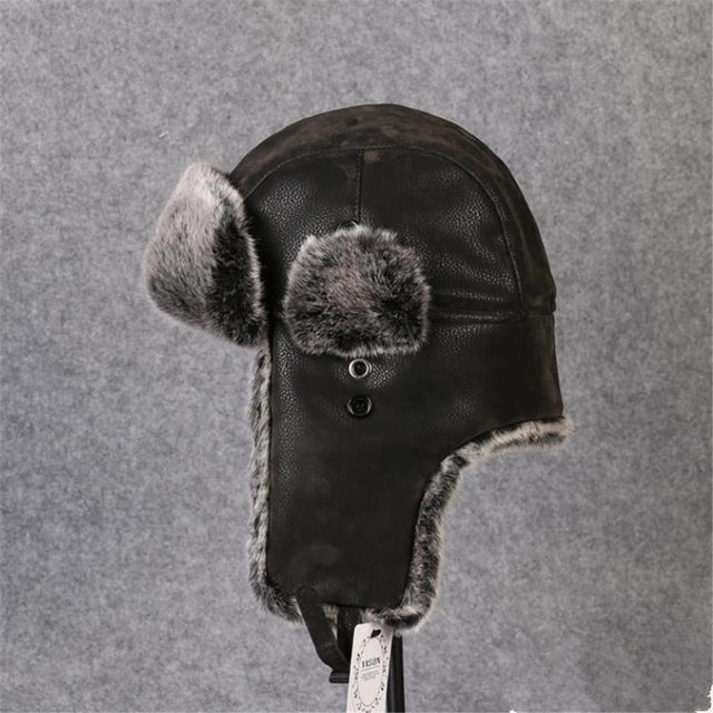 Fur Leather Thick Warm Bomber Hat With Ear Flaps