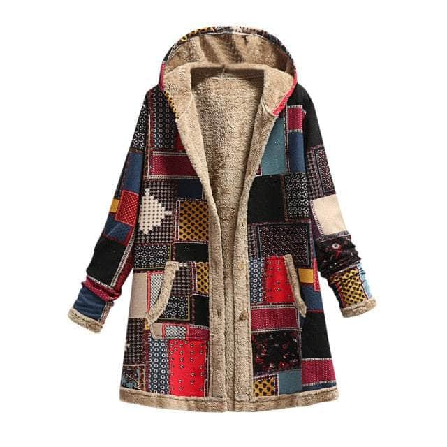 Warm Printing Thick Fleece Hooded Long Jacket with Pocket