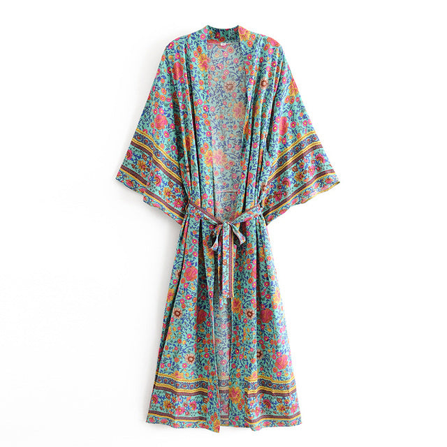 Green Floral Print Bohemian Kimono Dress Robe