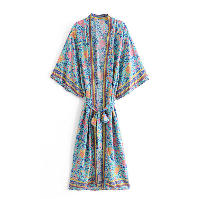 Green Floral Print Bohemian Kimono Dress Robe