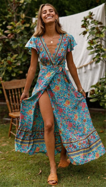 Floral Print V-Neck Maxi Dress