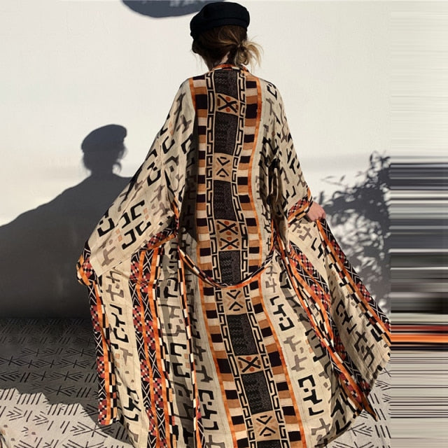 Retro Boho Long Sleeve Kimono Dress