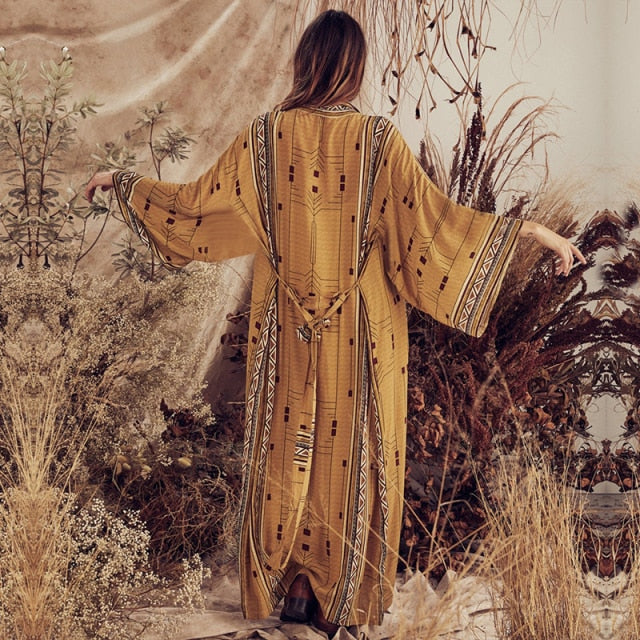 Retro Boho Long Sleeve Kimono Dress