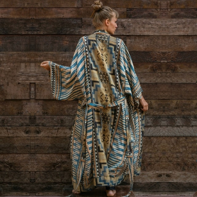Retro Boho Long Sleeve Kimono Dress