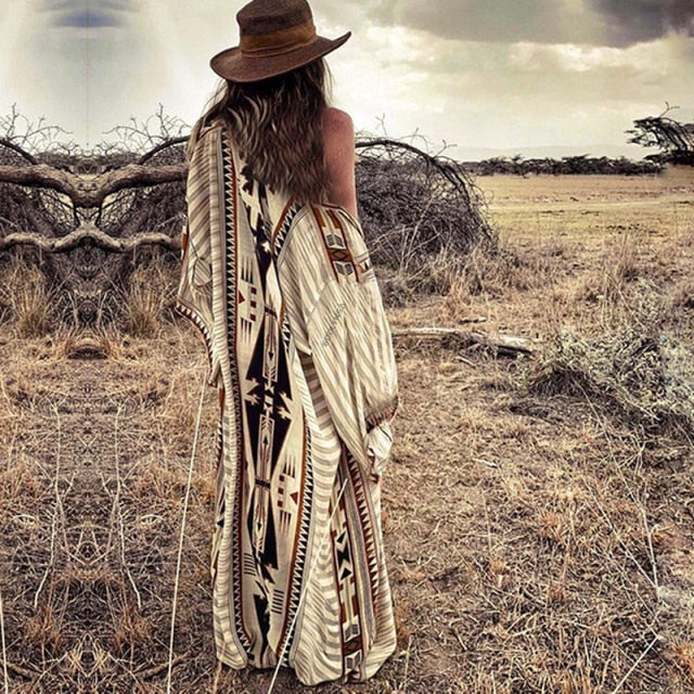 Retro Boho Long Sleeve Kimono Dress