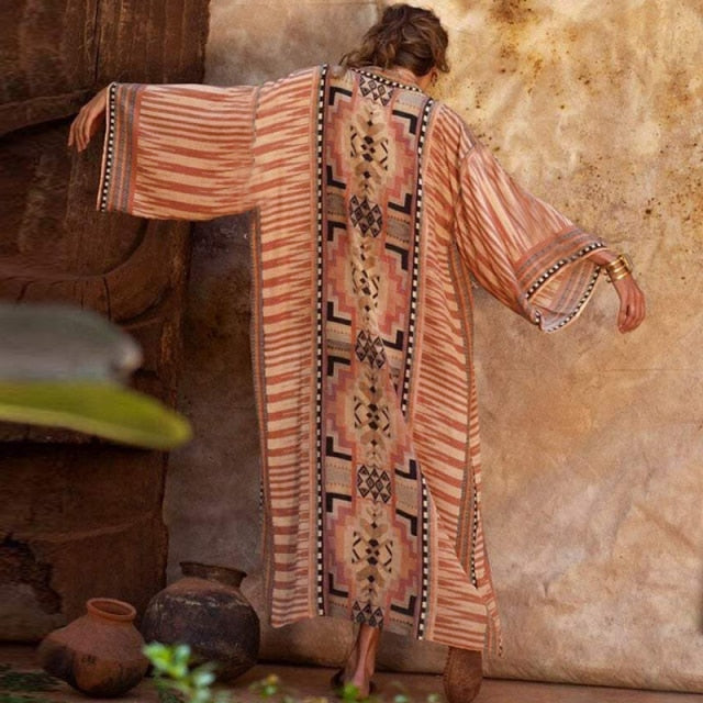Retro Boho Long Sleeve Kimono Dress
