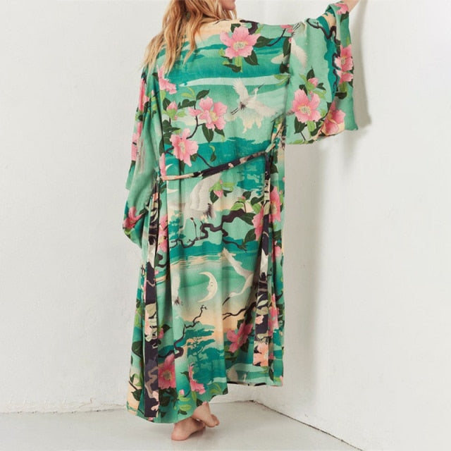 Retro Boho Long Sleeve Kimono Dress