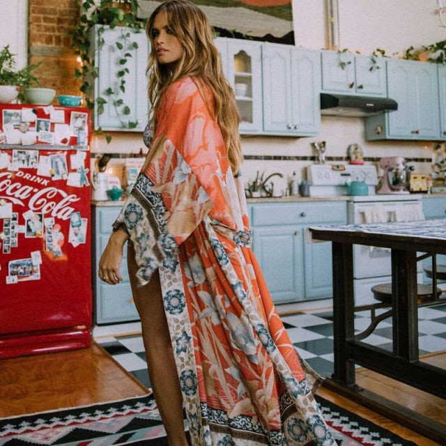 Retro Boho Long Sleeve Kimono Dress