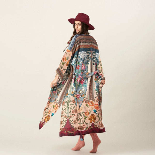 Retro Boho Long Sleeve Kimono Dress
