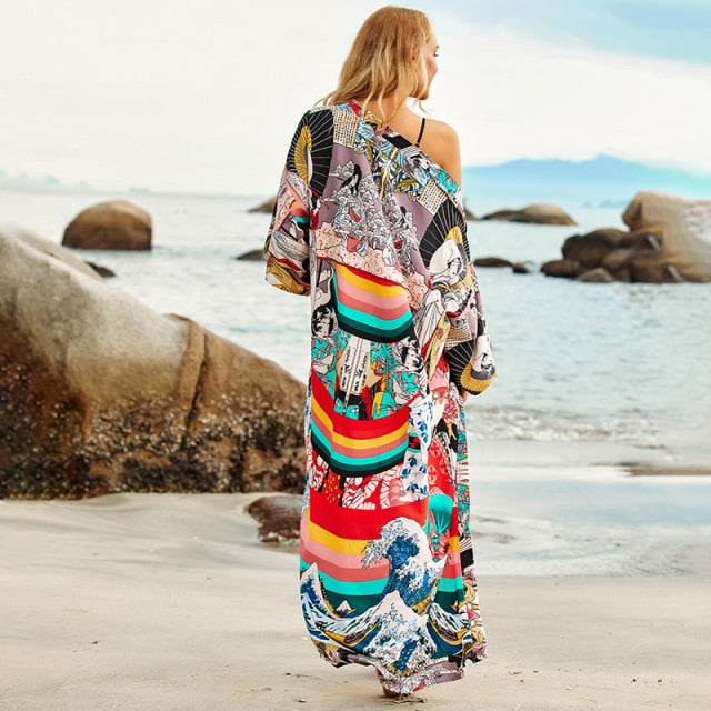 Retro Boho Long Sleeve Kimono Dress