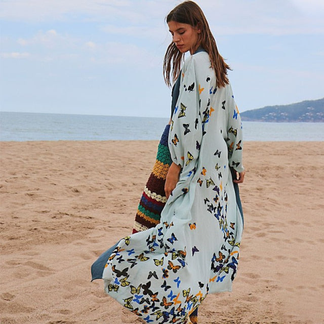 Retro Boho Long Sleeve Kimono Dress