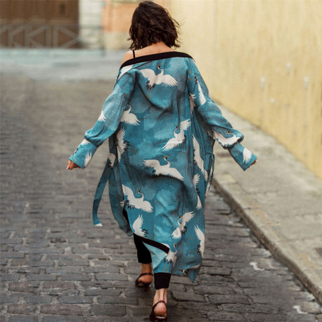 Retro Boho Long Sleeve Kimono Dress