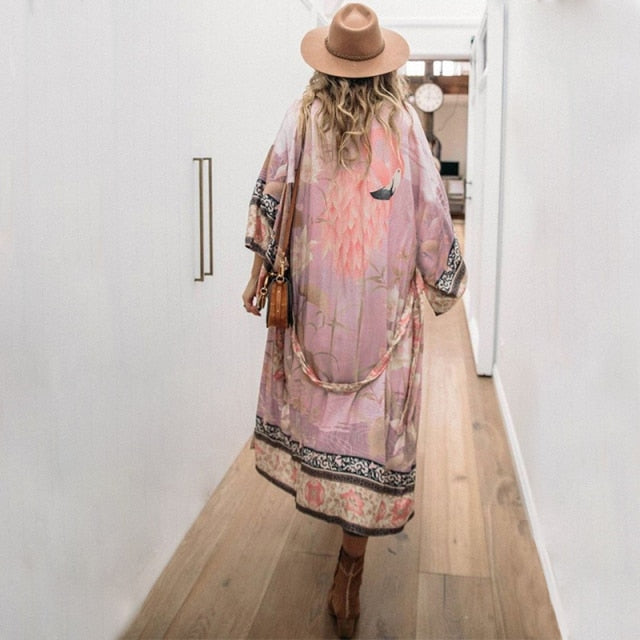 Retro Boho Long Sleeve Kimono Dress