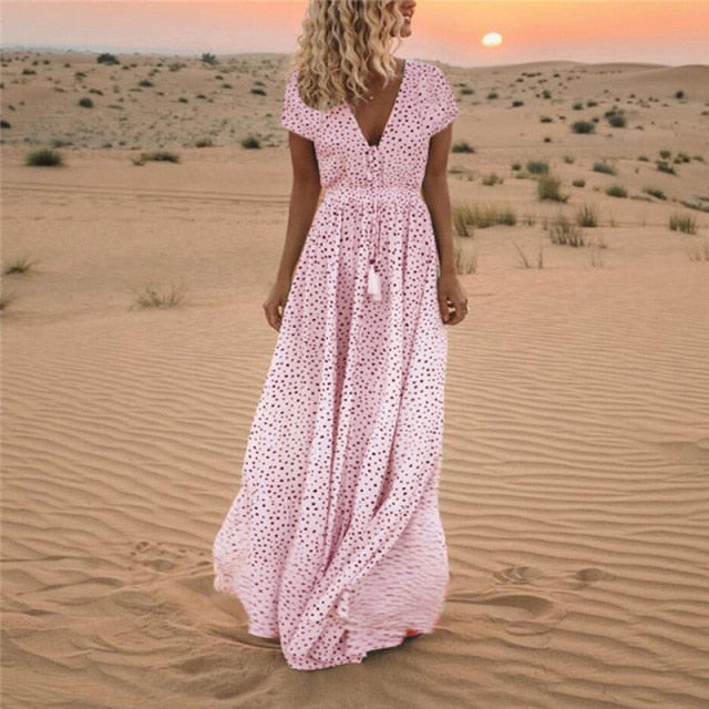 Elegant V Neck Boho Tassel Long Maxi Dress