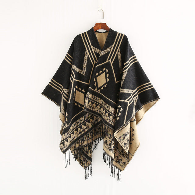 Geometric Tassel Split Poncho Shawl
