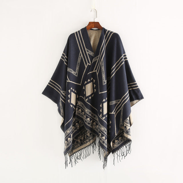 Geometric Tassel Split Poncho Shawl