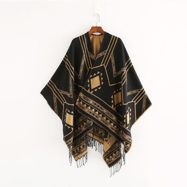 Geometric Tassel Split Poncho Shawl