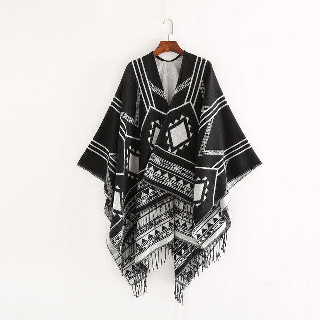 Geometric Tassel Split Poncho Shawl