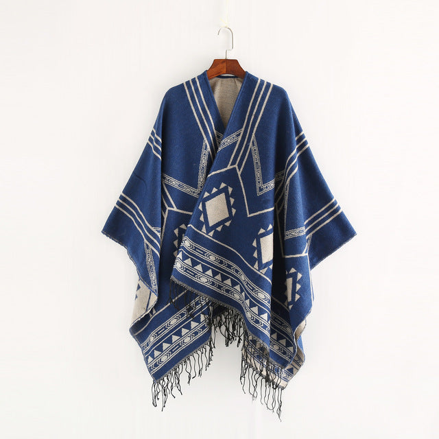Geometric Tassel Split Poncho Shawl