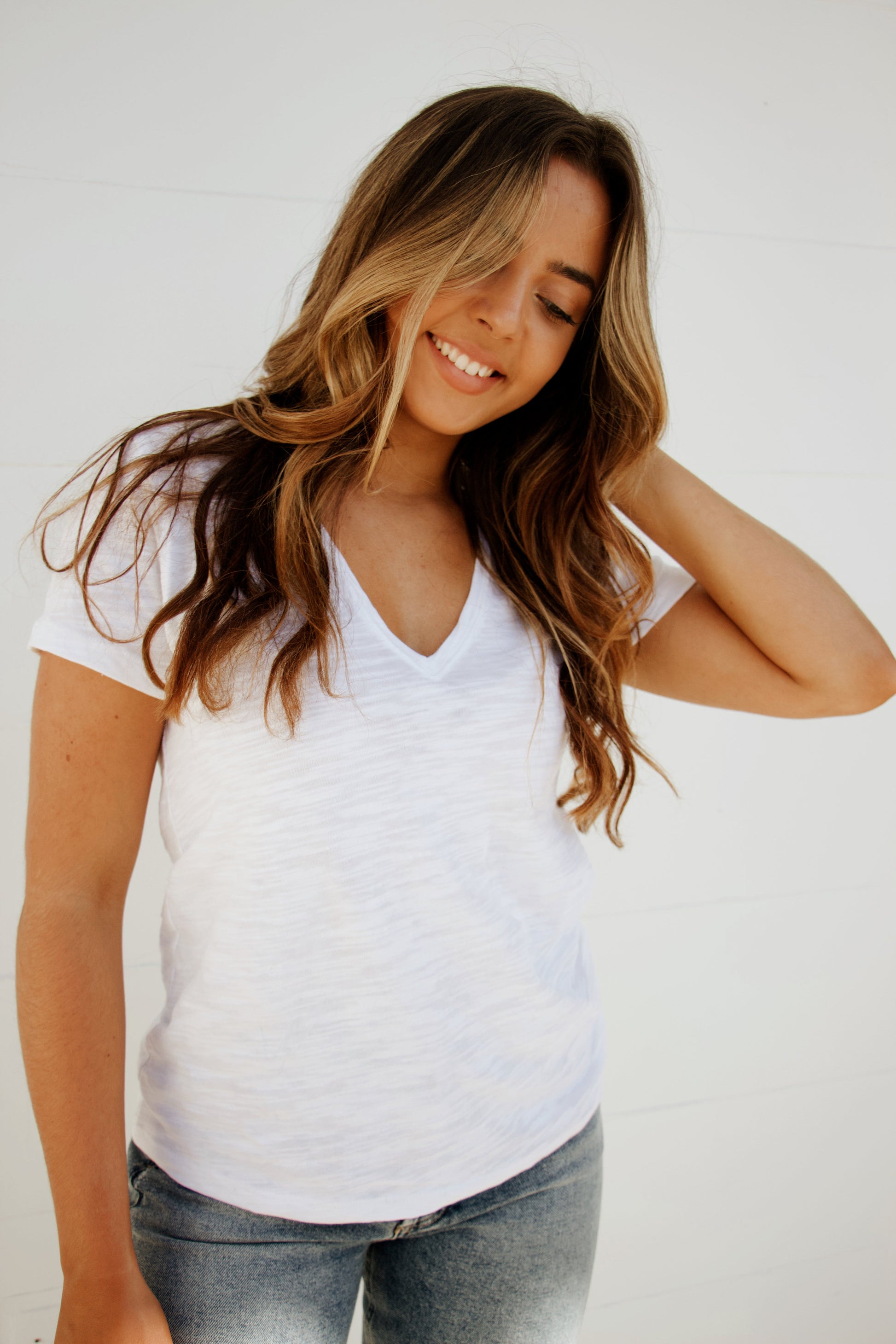 V-Neck Short Sleeve Seam Tee in White - Madison's Niche