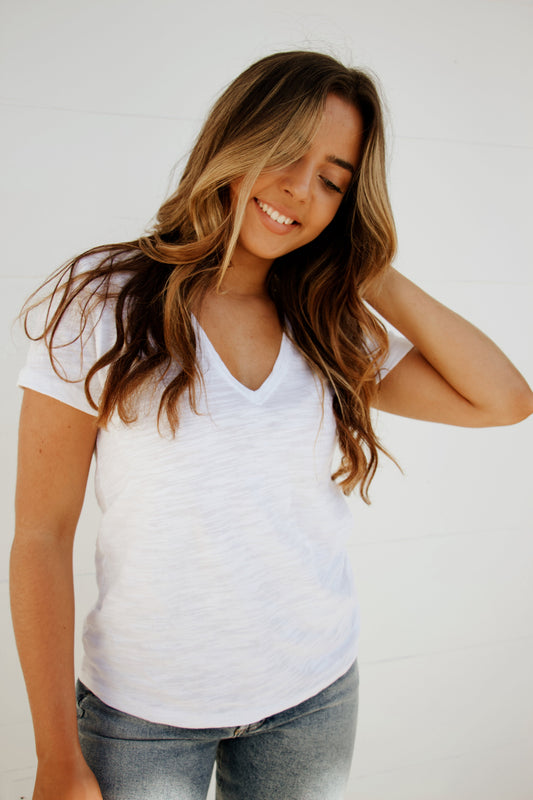 V-Neck Short Sleeve Seam Tee in White - Madison's Niche