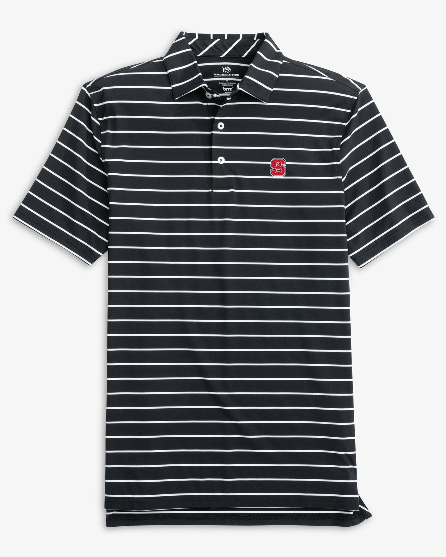 The front view of the NC State Wolfpack Brreeze Desmond Stripe Performance Polo by Southern Tide - Black