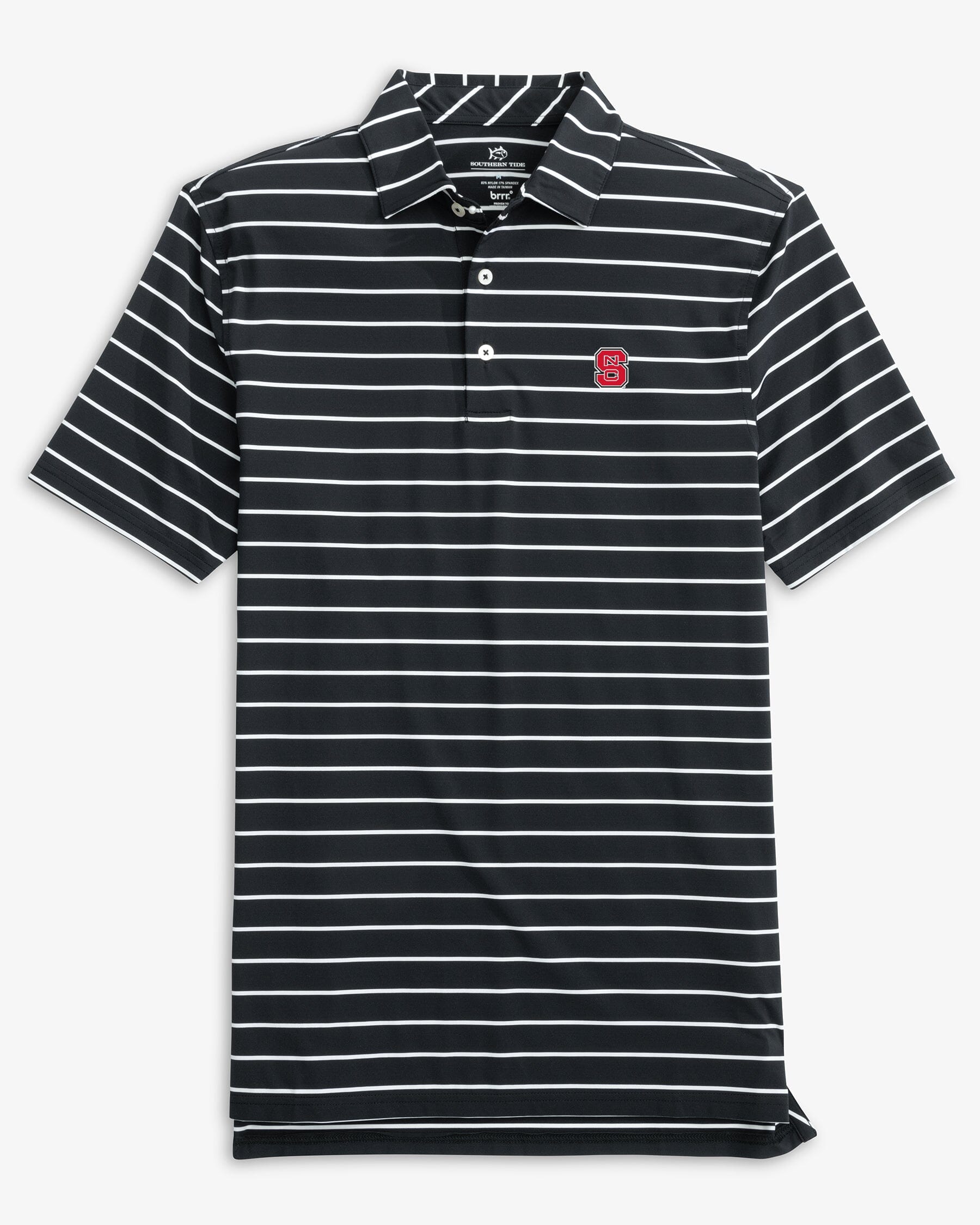 The front view of the NC State Wolfpack Brreeze Desmond Stripe Performance Polo by Southern Tide - Black