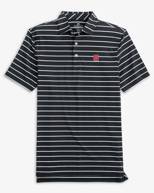 The front view of the NC State Wolfpack Brreeze Desmond Stripe Performance Polo by Southern Tide - Black